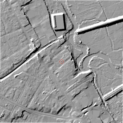 Shaded relief map of the ground around BH231QX, computed from Environment Agency LiDAR. The ground here sits at about 6 m above sea level and falls 9 m across the surrounding 800 m. Surface water reaching this point runs off ground lying to the east, 0.9 m higher.