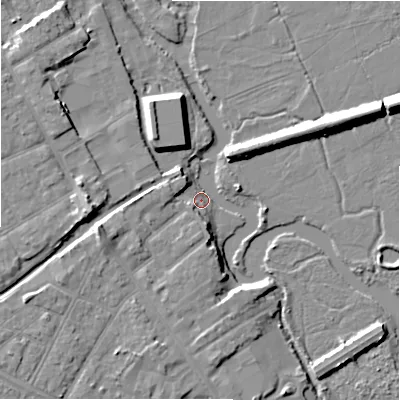 Shaded relief map of the ground around BH231QZ, computed from Environment Agency LiDAR. The ground here sits at about 3 m above sea level and falls 10 m across the surrounding 800 m. Surface water reaching this point runs off ground lying to the west-south-west, 6.6 m higher.