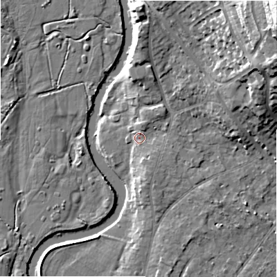 Shaded relief map of the ground around BH232AN, computed from Environment Agency LiDAR. The ground here sits at about 6 m above sea level and falls 35 m across the surrounding 800 m. Surface water reaching this point runs off ground lying to the north-east, 32.5 m higher.
