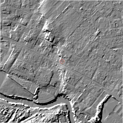 Shaded relief map of the ground around BH232AR, computed from Environment Agency LiDAR. The ground here sits at about 6 m above sea level and falls 11 m across the surrounding 800 m. Surface water reaching this point runs off ground lying to the east-north-east, 2.9 m higher.