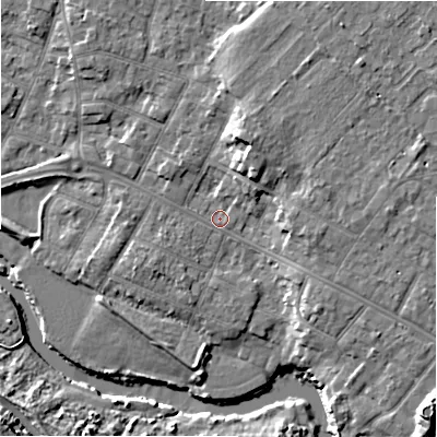 Shaded relief map of the ground around BH232AX, computed from Environment Agency LiDAR. The ground here sits at about 4 m above sea level and falls 10 m across the surrounding 800 m. Surface water reaching this point runs off ground lying to the north-east, 5.4 m higher.