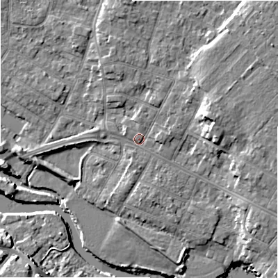 Shaded relief map of the ground around BH232AY, computed from Environment Agency LiDAR. The ground here sits at about 5 m above sea level and falls 10 m across the surrounding 800 m. Surface water reaching this point runs off ground lying to the north-east, 2.3 m higher.