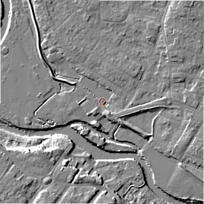Shaded relief map of the ground around BH232BA, computed from Environment Agency LiDAR. The ground here sits at about 3 m above sea level and falls 11 m across the surrounding 800 m. Surface water reaching this point runs off ground lying to the east-north-east, 4.2 m higher.