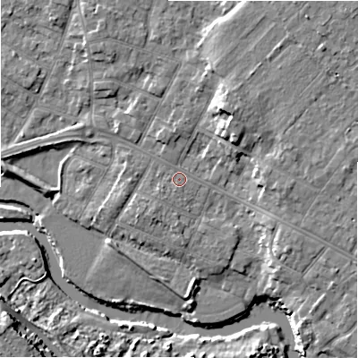 Shaded relief map of the ground around BH232BH, computed from Environment Agency LiDAR. The ground here sits at about 5 m above sea level and falls 11 m across the surrounding 800 m. Surface water reaching this point runs off ground lying to the south-west, 0.7 m higher.