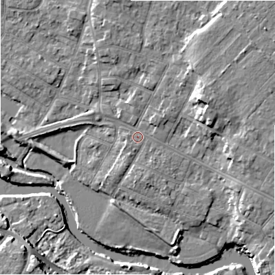 Shaded relief map of the ground around BH232BJ, computed from Environment Agency LiDAR. The ground here sits at about 5 m above sea level and falls 11 m across the surrounding 800 m. Surface water reaching this point runs off ground lying to the north-east, 2.2 m higher.