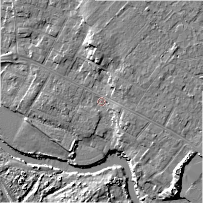 Shaded relief map of the ground around BH232BQ, computed from Environment Agency LiDAR. The ground here sits at about 4 m above sea level and falls 11 m across the surrounding 800 m. Surface water reaching this point runs off ground lying to the north, 5.5 m higher.