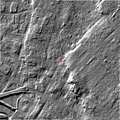 Shaded relief map of the ground around BH232BW, computed from Environment Agency LiDAR. The ground here sits at about 5 m above sea level and falls 9 m across the surrounding 800 m. Surface water reaching this point runs off ground lying to the south-east, 4.2 m higher.