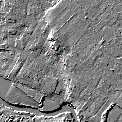 Shaded relief map of the ground around BH232DX, computed from Environment Agency LiDAR. The ground here sits at about 5 m above sea level and falls 10 m across the surrounding 800 m. Surface water reaching this point runs off ground lying to the north-north-west, 4.7 m higher.