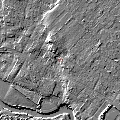 Shaded relief map of the ground around BH232DY, computed from Environment Agency LiDAR. The ground here sits at about 6 m above sea level and falls 10 m across the surrounding 800 m. Surface water reaching this point runs off ground lying to the east-north-east, 3.3 m higher.