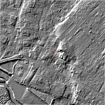 Shaded relief map of the ground around BH232DZ, computed from Environment Agency LiDAR. The ground here sits at about 6 m above sea level and falls 9 m across the surrounding 800 m. Surface water reaching this point runs off ground lying to the east, 4.0 m higher.