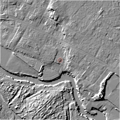 Shaded relief map of the ground around BH232EB, computed from Environment Agency LiDAR. The ground here sits at about 4 m above sea level and falls 11 m across the surrounding 800 m. Surface water reaching this point runs off ground lying to the east-north-east, 3.9 m higher.