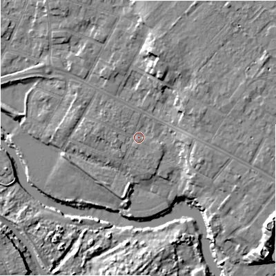 Shaded relief map of the ground around BH232ED, computed from Environment Agency LiDAR. The ground here sits at about 5 m above sea level and falls 11 m across the surrounding 800 m. Surface water reaching this point runs off ground lying to the west, 1.9 m higher.