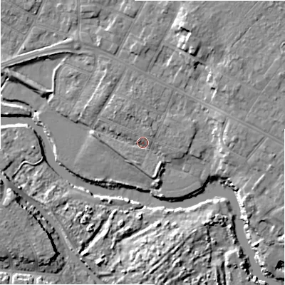Shaded relief map of the ground around BH232EE, computed from Environment Agency LiDAR. The ground here sits at about 4 m above sea level and falls 11 m across the surrounding 800 m. Surface water reaching this point runs off ground lying to the north-north-west, 2.7 m higher.