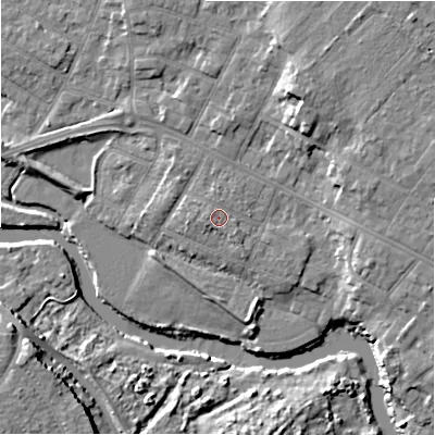 Shaded relief map of the ground around BH232EF, computed from Environment Agency LiDAR. The ground here sits at about 5 m above sea level and falls 11 m across the surrounding 800 m. Surface water reaching this point runs off ground lying to the west, 0.9 m higher.