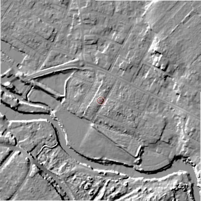 Shaded relief map of the ground around BH232EG, computed from Environment Agency LiDAR. The ground here sits at about 5 m above sea level and falls 11 m across the surrounding 800 m. Surface water reaching this point runs off ground lying to the east-south-east, 1.4 m higher.