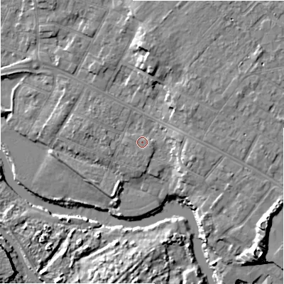 Shaded relief map of the ground around BH232EH, computed from Environment Agency LiDAR. The ground here sits at about 5 m above sea level and falls 11 m across the surrounding 800 m. Surface water reaching this point runs off ground lying to the east-south-east, 1.0 m higher.