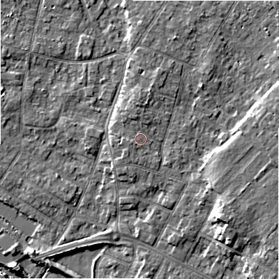 Shaded relief map of the ground around BH232EJ, computed from Environment Agency LiDAR. The ground here sits at about 6 m above sea level and falls 9 m across the surrounding 800 m. Surface water reaching this point runs off ground lying to the north, 1.2 m higher.