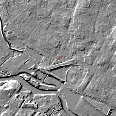 Shaded relief map of the ground around BH232EL, computed from Environment Agency LiDAR. The ground here sits at about 4 m above sea level and falls 11 m across the surrounding 800 m. Surface water reaching this point runs off ground lying to the north-east, 3.5 m higher.