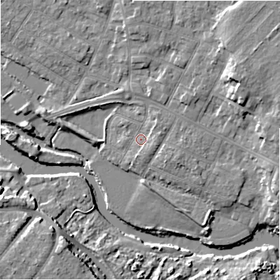 Shaded relief map of the ground around BH232EN, computed from Environment Agency LiDAR. The ground here sits at about 4 m above sea level and falls 11 m across the surrounding 800 m. Surface water reaching this point runs off ground lying to the east-north-east, 2.1 m higher.