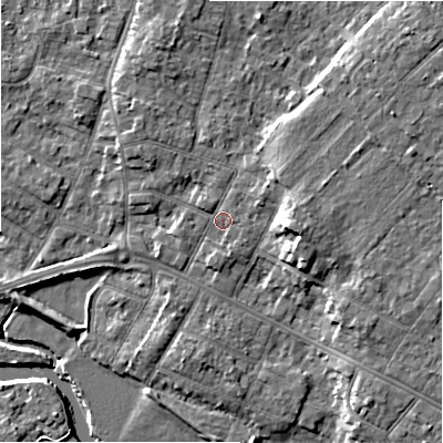 Shaded relief map of the ground around BH232EP, computed from Environment Agency LiDAR. The ground here sits at about 5 m above sea level and falls 9 m across the surrounding 800 m. Surface water reaching this point runs off ground lying to the east-north-east, 1.9 m higher.
