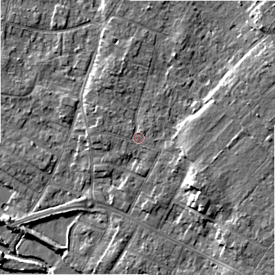 Shaded relief map of the ground around BH232ER, computed from Environment Agency LiDAR. The ground here sits at about 6 m above sea level and falls 9 m across the surrounding 800 m. Surface water reaching this point runs off ground lying to the north-west, 1.0 m higher.