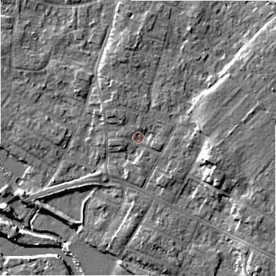 Shaded relief map of the ground around BH232ET, computed from Environment Agency LiDAR. The ground here sits at about 5 m above sea level and falls 9 m across the surrounding 800 m. Surface water reaching this point runs off ground lying to the north-north-west, 2.0 m higher.