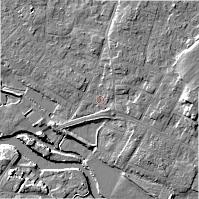 Shaded relief map of the ground around BH232EU, computed from Environment Agency LiDAR. The ground here sits at about 4 m above sea level and falls 11 m across the surrounding 800 m. Surface water reaching this point runs off ground lying to the north-north-east, 2.8 m higher.