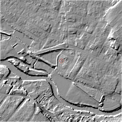 Shaded relief map of the ground around BH232EW, computed from Environment Agency LiDAR. The ground here sits at about 3 m above sea level and falls 11 m across the surrounding 800 m. Surface water reaching this point runs off ground lying to the north-east, 4.7 m higher.