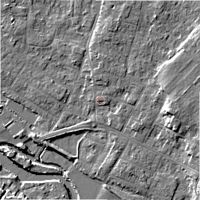 Shaded relief map of the ground around BH232EX, computed from Environment Agency LiDAR. The ground here sits at about 5 m above sea level and falls 10 m across the surrounding 800 m. Surface water reaching this point runs off ground lying to the north, 1.9 m higher.