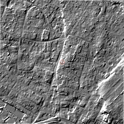 Shaded relief map of the ground around BH232EY, computed from Environment Agency LiDAR. The ground here sits at about 6 m above sea level and falls 7 m across the surrounding 800 m. Surface water reaching this point runs off ground lying to the south-east, 1.2 m higher.