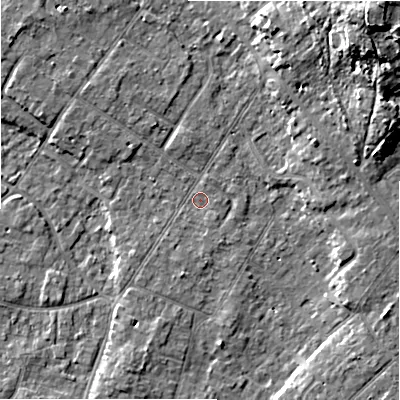 Shaded relief map of the ground around BH232EZ, computed from Environment Agency LiDAR. The ground here sits at about 5 m above sea level and falls 21 m across the surrounding 800 m. Surface water reaching this point runs off ground lying to the south, 0.9 m higher.