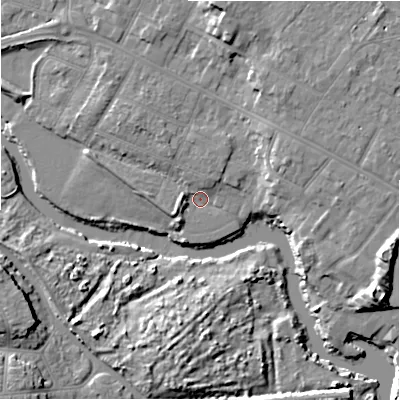 Shaded relief map of the ground around BH232FG, computed from Environment Agency LiDAR. The ground here sits at about 2 m above sea level and falls 11 m across the surrounding 800 m. Surface water reaching this point runs off ground lying to the north-west, 3.6 m higher.