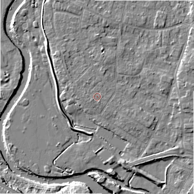 Shaded relief map of the ground around BH232FH, computed from Environment Agency LiDAR. The ground here sits at about 5 m above sea level and falls 10 m across the surrounding 800 m. Surface water reaching this point runs off ground lying to the west, 1.0 m higher.