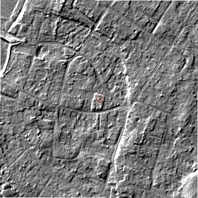 Shaded relief map of the ground around BH232FN, computed from Environment Agency LiDAR. The ground here sits at about 5 m above sea level and falls 6 m across the surrounding 800 m. Surface water reaching this point runs off ground lying to the south-east, 3.1 m higher.