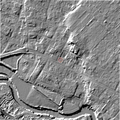 Shaded relief map of the ground around BH232FZ, computed from Environment Agency LiDAR. The ground here sits at about 5 m above sea level and falls 10 m across the surrounding 800 m. Surface water reaching this point runs off ground lying to the west-north-west, 1.4 m higher.