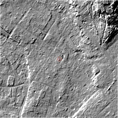 Shaded relief map of the ground around BH232GA, computed from Environment Agency LiDAR. The ground here sits at about 6 m above sea level and falls 20 m across the surrounding 800 m. Surface water reaching this point runs off ground lying to the south-south-west, 0.8 m higher.