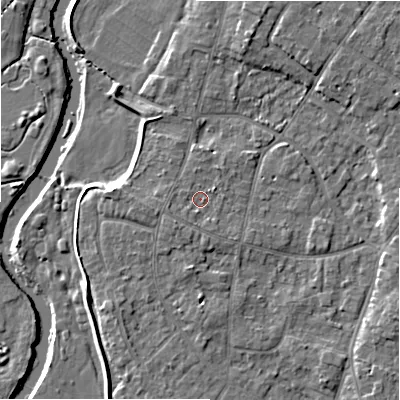 Shaded relief map of the ground around BH232GE, computed from Environment Agency LiDAR. The ground here sits at about 5 m above sea level and falls 7 m across the surrounding 800 m. Surface water reaching this point runs off ground lying to the south, 1.2 m higher.
