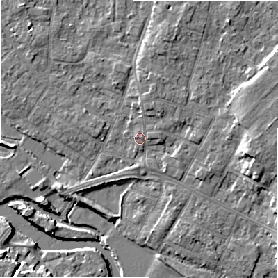Shaded relief map of the ground around BH232HA, computed from Environment Agency LiDAR. The ground here sits at about 5 m above sea level and falls 11 m across the surrounding 800 m. Surface water reaching this point runs off ground lying to the north-north-east, 2.1 m higher.