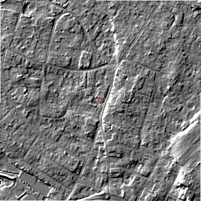 Shaded relief map of the ground around BH232HB, computed from Environment Agency LiDAR. The ground here sits at about 5 m above sea level and falls 8 m across the surrounding 800 m. Surface water reaching this point runs off ground lying to the east-south-east, 2.4 m higher.