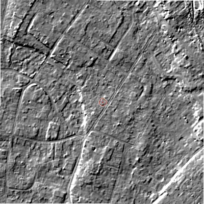 Shaded relief map of the ground around BH232HD, computed from Environment Agency LiDAR. The ground here sits at about 6 m above sea level and falls 15 m across the surrounding 800 m. Surface water reaching this point runs off ground lying to the south-east, 1.1 m higher.