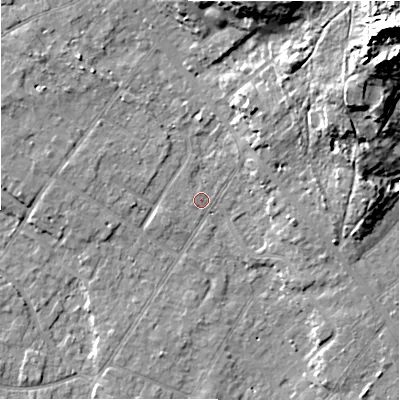 Shaded relief map of the ground around BH232HE, computed from Environment Agency LiDAR. The ground here sits at about 6 m above sea level and falls 37 m across the surrounding 800 m. Surface water reaching this point runs off ground lying to the north-east, 35.5 m higher.