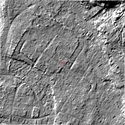 Shaded relief map of the ground around BH232HF, computed from Environment Agency LiDAR. The ground here sits at about 6 m above sea level and falls 20 m across the surrounding 800 m. Surface water reaching this point runs off ground lying to the north-west, 1.3 m higher.