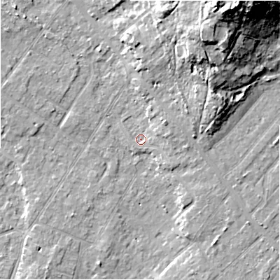 Shaded relief map of the ground around BH232HG, computed from Environment Agency LiDAR. The ground here sits at about 6 m above sea level and falls 28 m across the surrounding 800 m. Surface water reaching this point runs off ground lying to the east-north-east, 3.2 m higher.