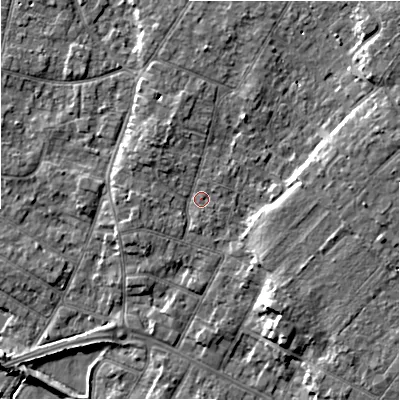 Shaded relief map of the ground around BH232HL, computed from Environment Agency LiDAR. The ground here sits at about 5 m above sea level and falls 9 m across the surrounding 800 m. Surface water reaching this point runs off ground lying to the north-west, 1.8 m higher.