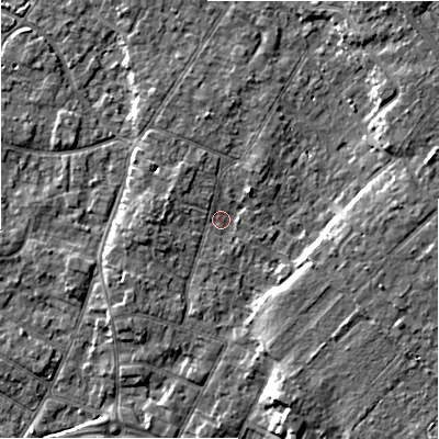 Shaded relief map of the ground around BH232HN, computed from Environment Agency LiDAR. The ground here sits at about 5 m above sea level and falls 6 m across the surrounding 800 m. Surface water reaching this point runs off ground lying to the south-south-east, 4.3 m higher.