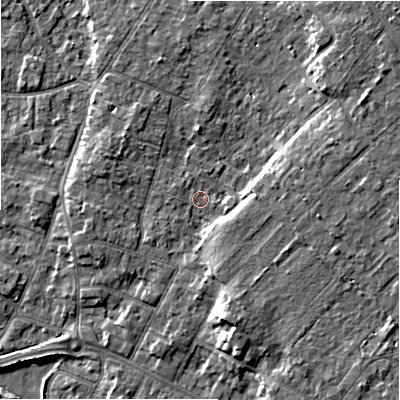 Shaded relief map of the ground around BH232HP, computed from Environment Agency LiDAR. The ground here sits at about 5 m above sea level and falls 7 m across the surrounding 800 m. Surface water reaching this point runs off ground lying to the south-south-east, 4.5 m higher.