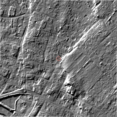Shaded relief map of the ground around BH232HR, computed from Environment Agency LiDAR. The ground here sits at about 5 m above sea level and falls 9 m across the surrounding 800 m. Surface water reaching this point runs off ground lying to the south-south-east, 4.5 m higher.