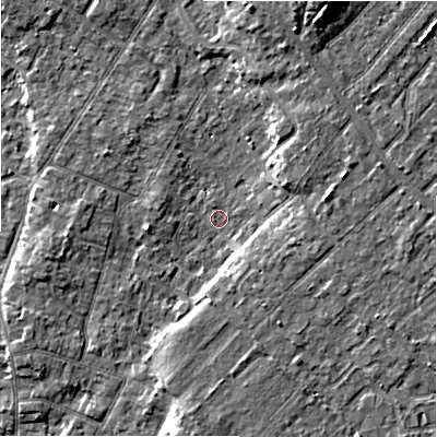 Shaded relief map of the ground around BH232HS, computed from Environment Agency LiDAR. The ground here sits at about 5 m above sea level and falls 9 m across the surrounding 800 m. Surface water reaching this point runs off ground lying to the south, 4.3 m higher.