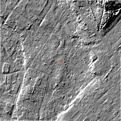 Shaded relief map of the ground around BH232HW, computed from Environment Agency LiDAR. The ground here sits at about 6 m above sea level and falls 13 m across the surrounding 800 m. Surface water reaching this point runs off ground lying to the west, 0.7 m higher.