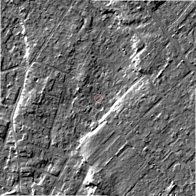 Shaded relief map of the ground around BH232HX, computed from Environment Agency LiDAR. The ground here sits at about 5 m above sea level and falls 7 m across the surrounding 800 m. Surface water reaching this point runs off ground lying to the south, 4.3 m higher.